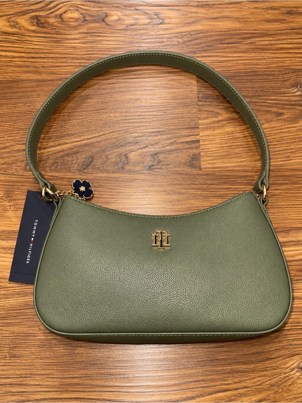 Tommy Hilfiger Olive Green Pebbled Leather Shoulder Bag with Gold Logo